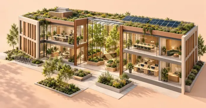 Aktia ja vastuullisuus: Green Building Council Finland ja WWF Green Office Havainnekuva modernista toimistorakennuksesta, jonka viherkatto, aurinkopaneelit ja kasveja täynnä oleva atrium kuvaavat kestävää rakentamista ja ympäristövastuullista toimistoa.