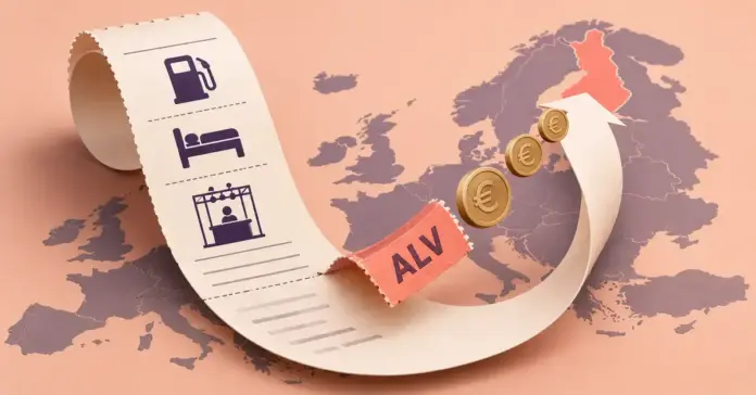 Arvonlisäveron palautus toisesta EU-maasta – näin haet ALV-palautuksen Euroopan kartan yllä kaartuva kulukuitti, ALV-liuska ja Suomeen suuntaavat eurokolikot havainnollistavat arvonlisäveron palautusta toisesta EU-maasta.