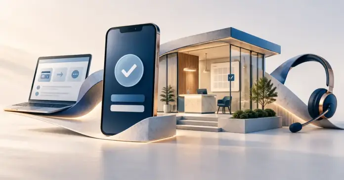 Danske Bankin pankkiasiointi: digipalvelut, konttorit ja asiakaspalvelu Älypuhelin, kannettava tietokone, moderni pankkikonttori ajanvarauskalentereineen ja kuulokemikrofoni havainnollistavat Danske Bankin digipalveluja, konttoriasiointia ja puhelinpalvelua.