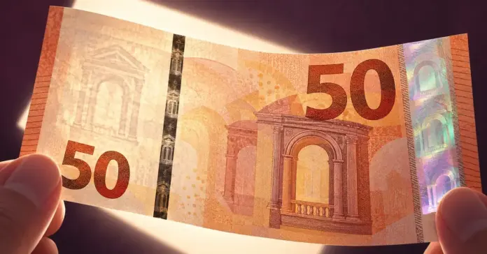 Kuvituksessa 50 euron seteliä pidetään valoa vasten vesileiman, turvalangan ja hologrammin tarkastelemiseksi.