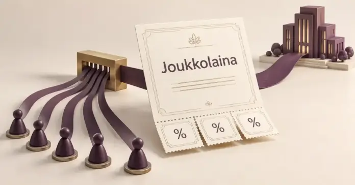 Joukkovelkakirjalaina sijoituskohteena – ja Nordean asema järjestäjänä Sijoittajia kuvaavista merkeistä lähtevät nauhat yhdistyvät järjestäjää symboloivan kehyksen kautta joukkolainaksi, jonka korkokuponkeja havainnollistavat prosenttimerkit.