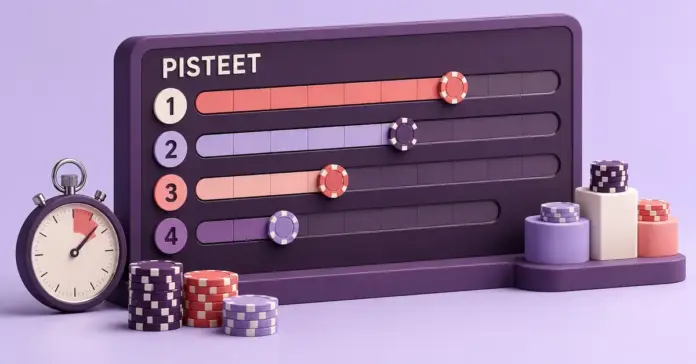 Kasinoturnaukset – näin ne toimivat, tyypit ja mitä huomioida Kasinoturnauksen pistetaulukko, pelimerkit, sekuntikello ja palkintokoroke havainnollistavat pisteiden kertymistä, kilpailun määräaikaa ja sijoitusten mukaista palkintojen jakoa.