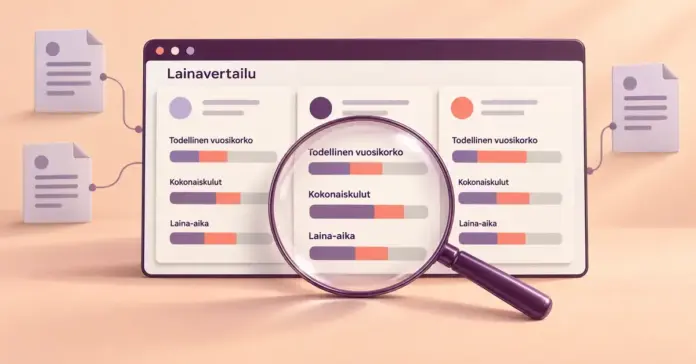Lainavertailu verkossa: näin vertailet lainoja ja löydät sopivan Suurennuslasi korostaa kolmen rinnakkaisen lainatarjouksen todellisen vuosikoron, kokonaiskulujen ja laina-ajan vertailua verkkopalvelussa.