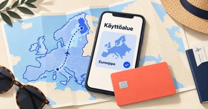 Maksukortin maarajaus: näin asetat kortin käyttöalueen ennen matkaa Maksukortti ja puhelin Euroopan kartalla havainnollistavat kortin käyttöalueen asettamista Eurooppaan ennen matkaa.
