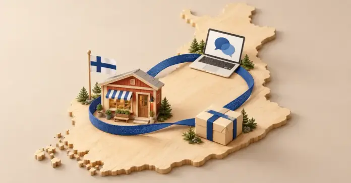 Miksi valita suomalainen vaihtoehto – kotimaisen palvelun hyödyt Sininen nauha yhdistää puisen Suomen kartan päällä olevan kivijalkakaupan, asiakaspalvelua kuvaavan kannettavan tietokoneen ja paketin kotimaisten palvelujen kokonaisuudeksi.