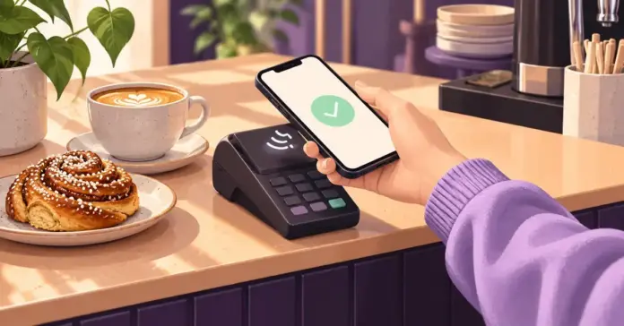 Mobiilimaksaminen Suomessa – näin nuoret maksavat ilman käteistä Kuvituksessa asiakas maksaa kahvin ja korvapuustin puhelimen lähimaksulla kahvilan maksupäätteellä.