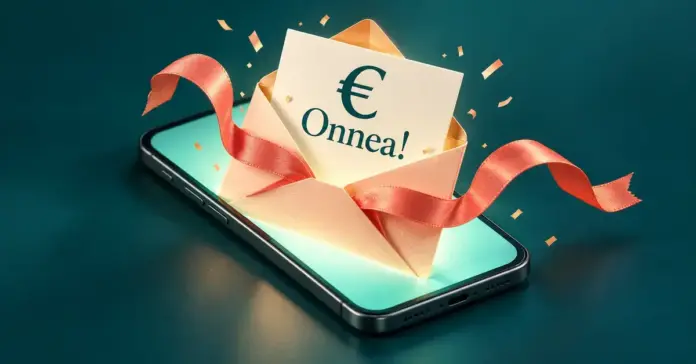 MobilePay Lahjat – näin lähetät rahaa lahjaksi sähköisesti Älypuhelimen näytöltä avautuva lahjakuori, korallinvärinen nauha ja euromerkillä varustettu Onnea-kortti havainnollistavat sähköistä rahalahjaa.