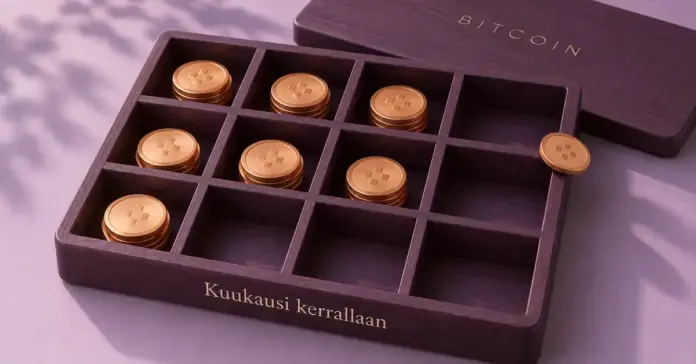 Kuparinväriset kolikot kuukausia kuvaavan säästölippaan lokeroissa havainnollistavat bitcoinien pitkäjänteistä kerryttämistä kuukausi kerrallaan.