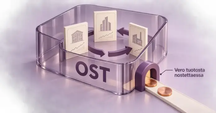 Läpinäkyvän OST-tilin sisällä kiertävät osakkeet ja ulos johtavan portin kolikot havainnollistavat tuoton verotusta vasta rahaa nostettaessa.