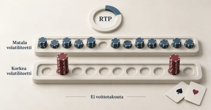 Siniset matalat ja viininpunaiset korkeat pelimerkkipinot havainnollistavat kasinopelien voittojen vaihtelua, ja RTP-symbolin rinnalla muistutetaan, ettei voittotakuuta ole.
