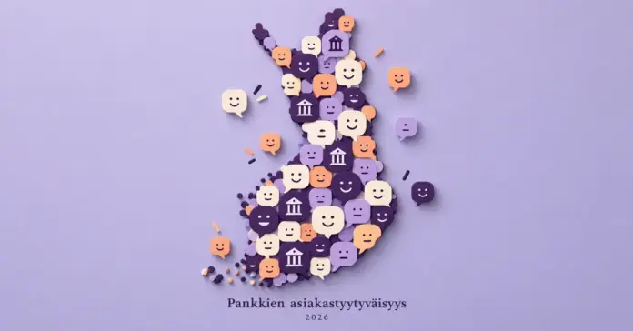 Suomen kartan muotoon sommitellut ilmeikkäät puhekuplat ja pankkisymbolit havainnollistavat pankkien asiakastyytyväisyyttä vuonna 2026.