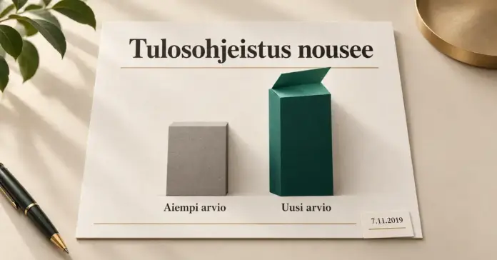 Positiivinen tulosvaroitus – mitä se tarkoittaa ja mitä Oma Säästöpankin 2019-esimerkki opettaa Päiväyksellä 7.11.2019 varustetun tiedotteen harmaa ja petrolinvihreä pylväs havainnollistavat tulosohjeistuksen nostamista aiempaa arviota korkeammaksi.