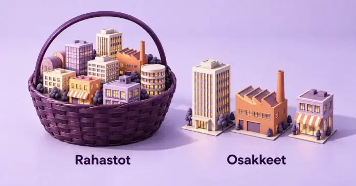Rahastot vai osakkeet – kumpi valita? Yritysten pienoismalleja sisältävä kori ja sen vieressä erillään seisovat yritysrakennukset havainnollistavat rahaston hajautusta ja yksittäisten osakkeiden valintaa.
