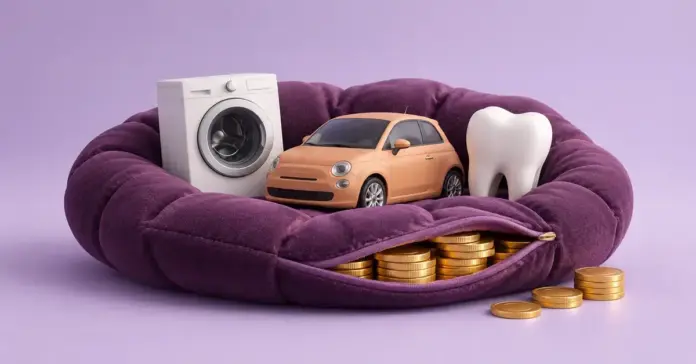 Riittävä talouspuskuri – kuinka suuri varakassan pitää olla ja miten sen rakentaa Kolikoilla täytetty violetti pehmuste kannattelee pesukonetta, autoa ja hammasta ja havainnollistaa talouspuskurin tuomaa turvaa yllättäviin menoihin.