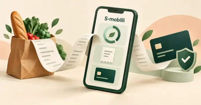 Kuvitus S-mobiilista, jossa älypuhelin, ostoskassi, kiemurteleva kuitti, maksukortti ja suojakilpi havainnollistavat ostosten ja pankkiasioiden yhdistymistä samaan sovellukseen.