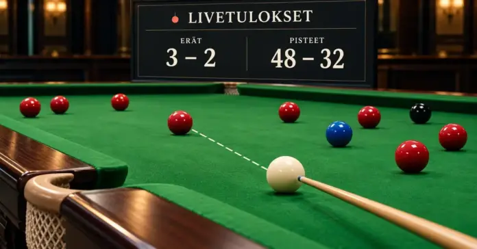 Snooker-vedonlyönti livetulosten avulla: säännöt, markkinat ja analyysi Snookerpöydän pallot, keppi ja katkoviivalla merkitty lyöntilinja sekä livetulostaulu havainnollistavat ottelun etenemisen seurantaa ja analysointia.