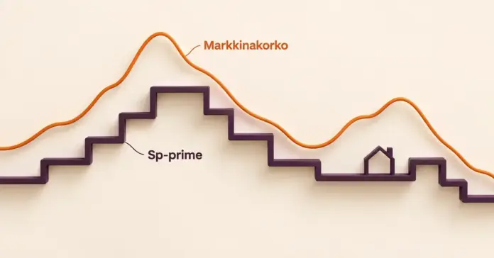 Sp-prime ja prime-korko – näin Säästöpankin viitekorko toimii Oranssi markkinakoron käyrä ja violetti Sp-prime-koron porrastettu linja sekä talon ääriviiva havainnollistavat viitekorkojen muutoksia ja yhteyttä asuntolainaan.