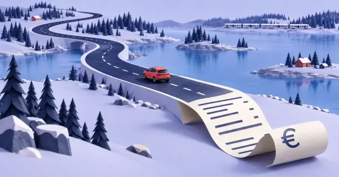 Suomalaiset ja liikenne – näin suomalaiset liikkuvat ja mitä autoilu maksaa Punainen henkilöauto kulkee suomalaisessa järvimaisemassa tiellä, joka muuttuu autoilun kustannuksia kuvaavaksi kuitiksi, ja taustalla liikkuu juna.
