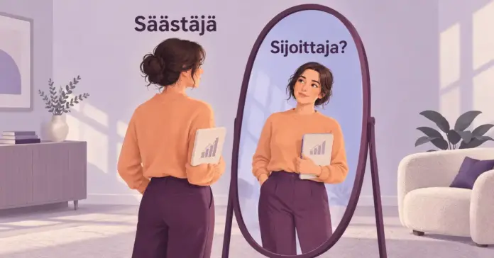 Säästäjäksi itsensä mieltävä henkilö katsoo peilikuvaansa, jonka yllä lukee ”Sijoittaja?”, ja pitää kädessään sijoitusten kasvua kuvaavaa kansiota.
