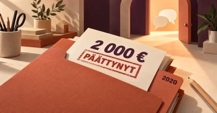 Yksinyrittäjän 2000 euron koronatuki – mitä tuesta jäi ja mistä apua nyt Vuoden 2020 kansiossa oleva 2 000 euron tukiasiakirja on leimattu päättyneeksi, ja taustan avoin ovi sekä puhekuplat kuvastavat yksinyrittäjän nykyisiä neuvontamahdollisuuksia.